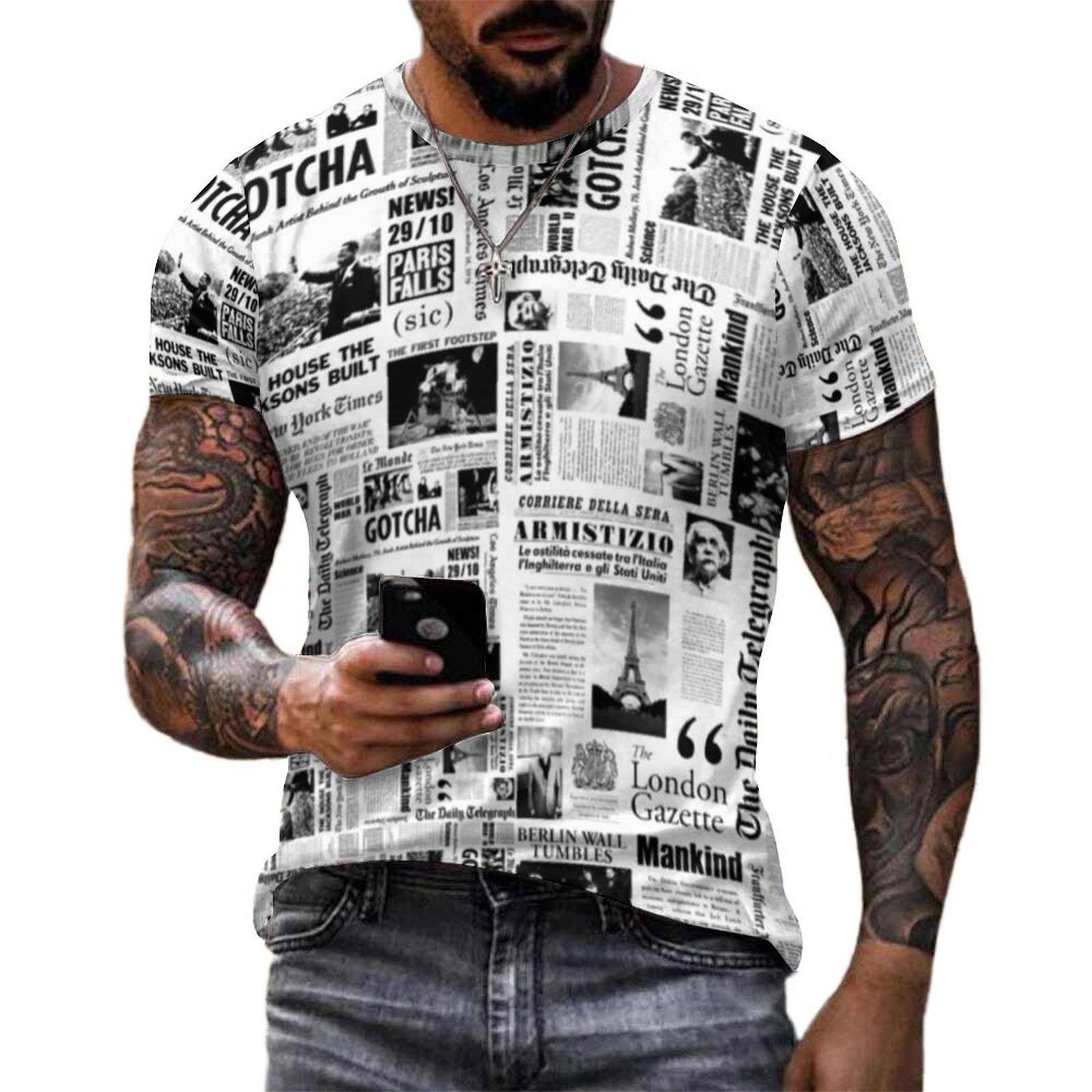 Vintage Fashion Newspaper - 남성 빈티지 신문 티셔츠 블랙 화이트
