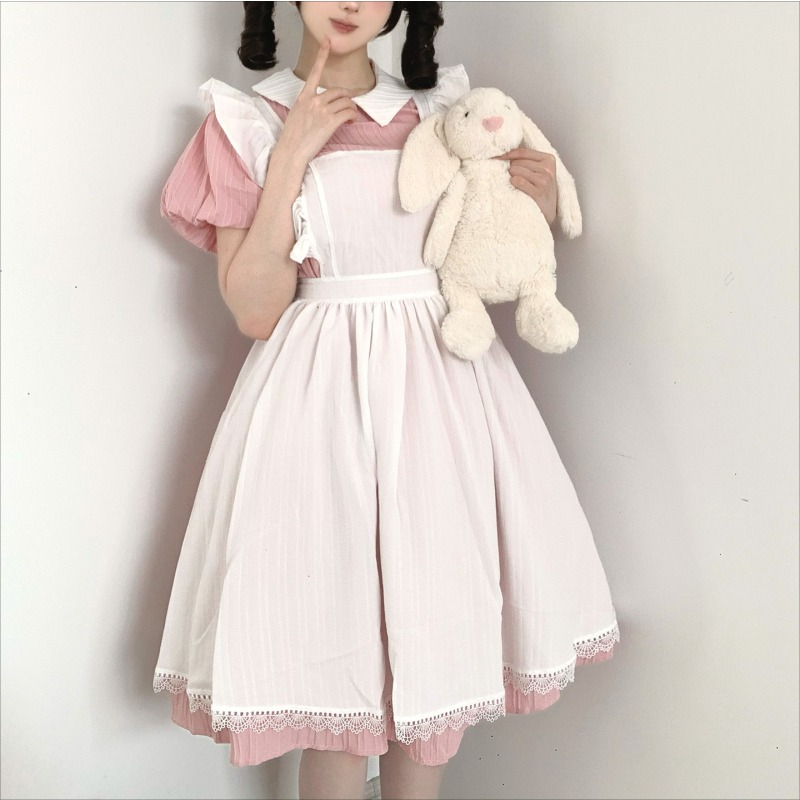 Vintage Fashion Dress - 롱 핑크 화이트 메이드 드레스, 피터팬