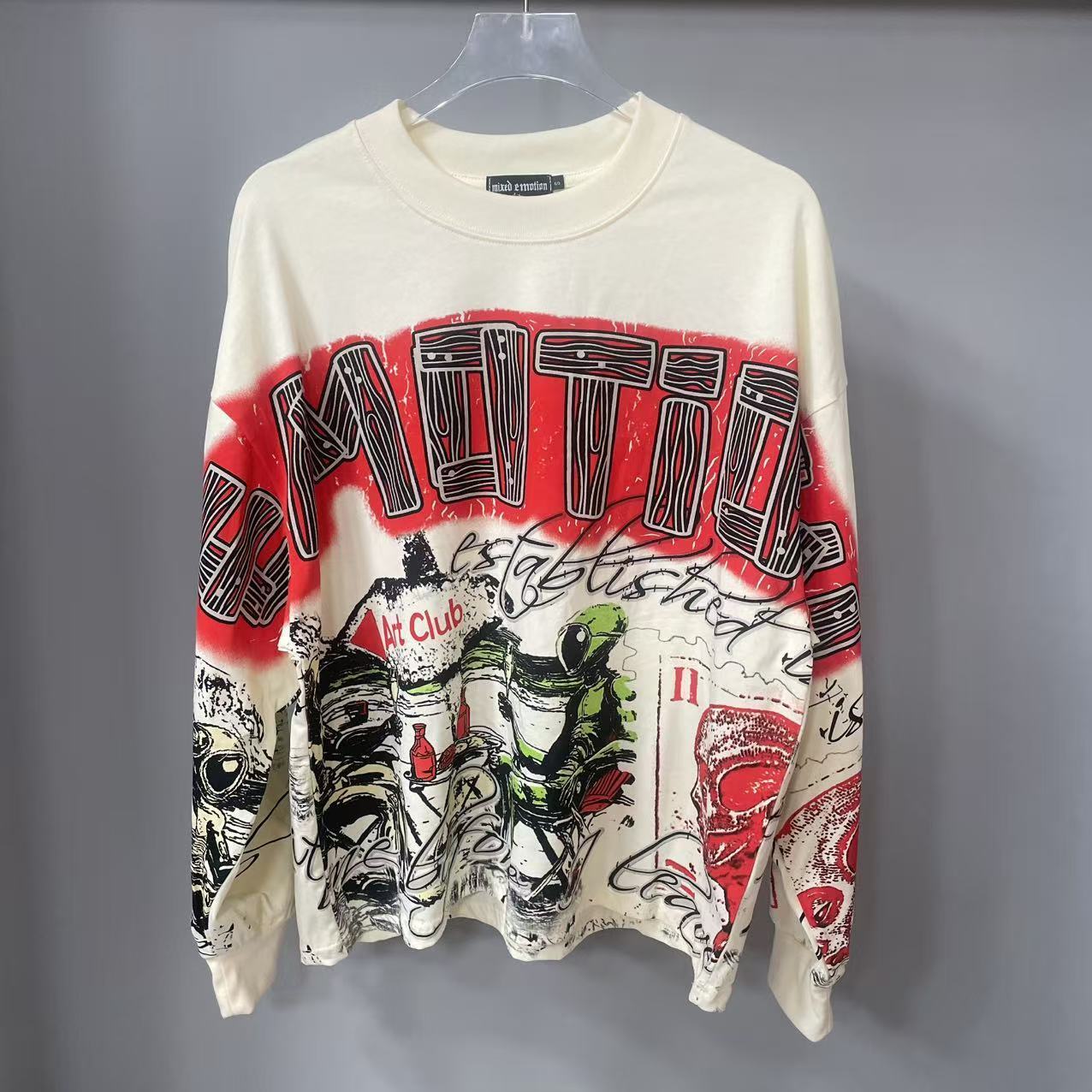Vintage Fashion Streetwear - 고품질 디자이너 MIXED-EMOTION 긴팔 티셔츠 100%