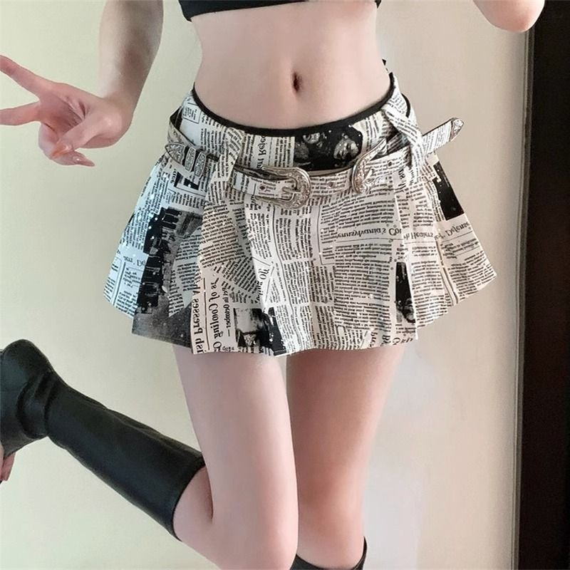 아메리칸 빈티지 신문 프린트 플리츠 미니 스커트 여성  - Vintage Fashion Newspaper 리뷰 및 가격
