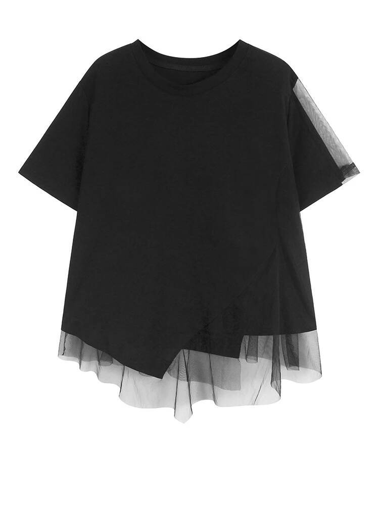 여성용 블랙 메쉬 불규칙 스플라이스 빅사이즈 티셔츠 신 - Vintage Fashion Build 리뷰 및 가격