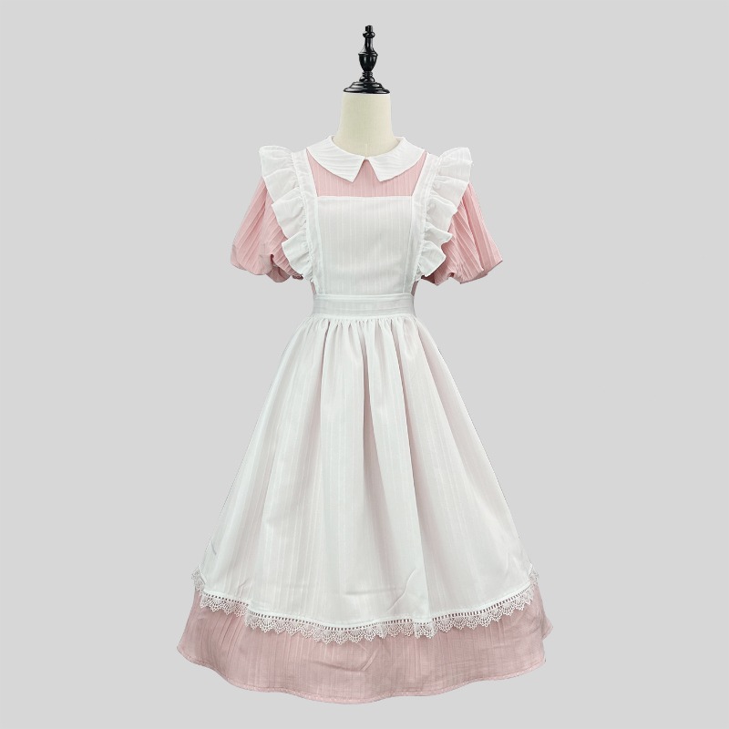 롱 핑크 화이트 메이드 드레스, 피터팬 칼라 러플 앞치 - Vintage Fashion Dress 리뷰 및 가격