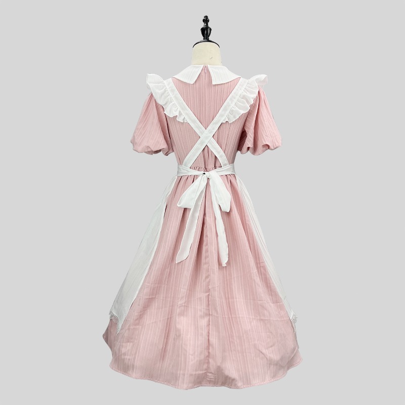 롱 핑크 화이트 메이드 드레스, 피터팬 칼라 러플 앞치 - Vintage Fashion Dress 리뷰 및 가격