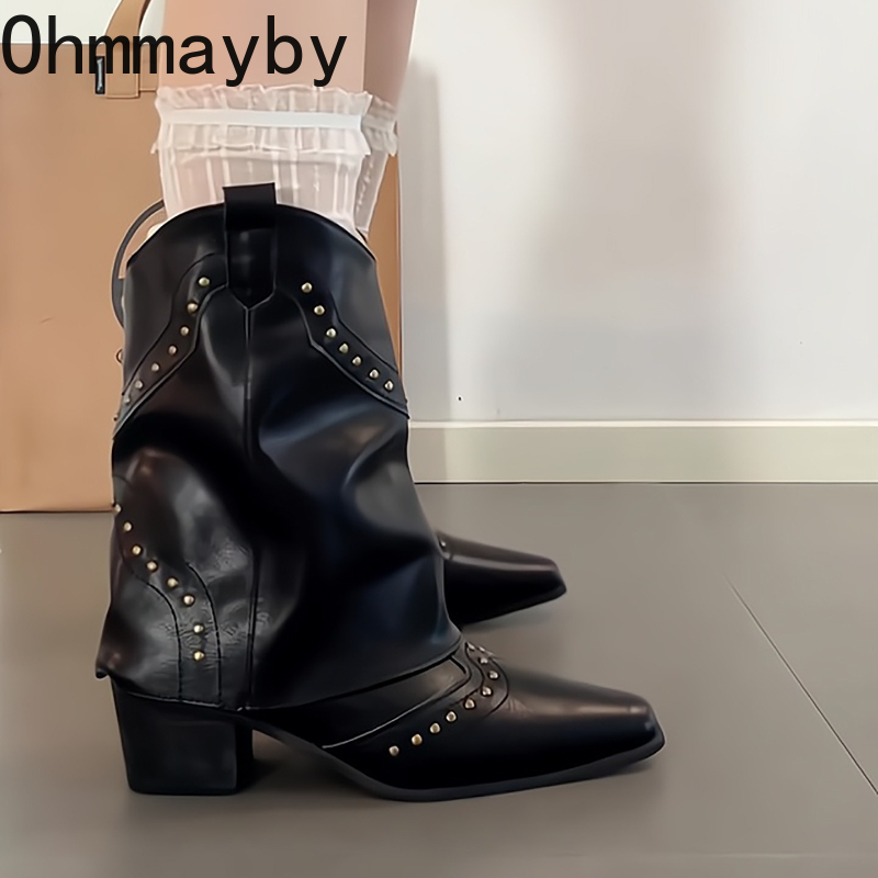 빈티지 포인티드 토 여성 앵클 부츠 패션 리벳 슬립온  - Vintage Fashion Rome 리뷰 및 가격