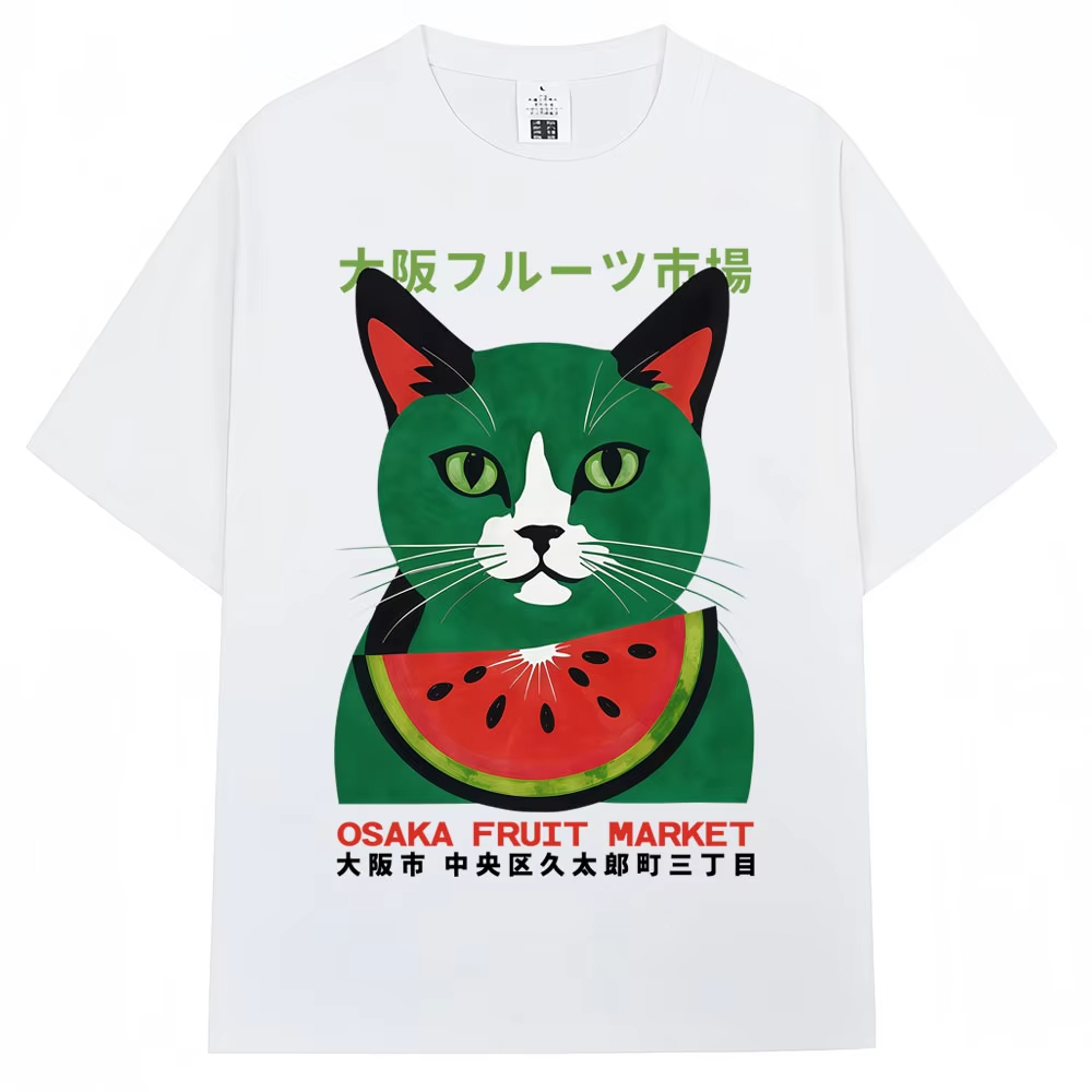 일본 스타일 재미있는 오사카 과일시장 고양이 프린트 티 - Vintage Fashion Osaka 리뷰 및 가격